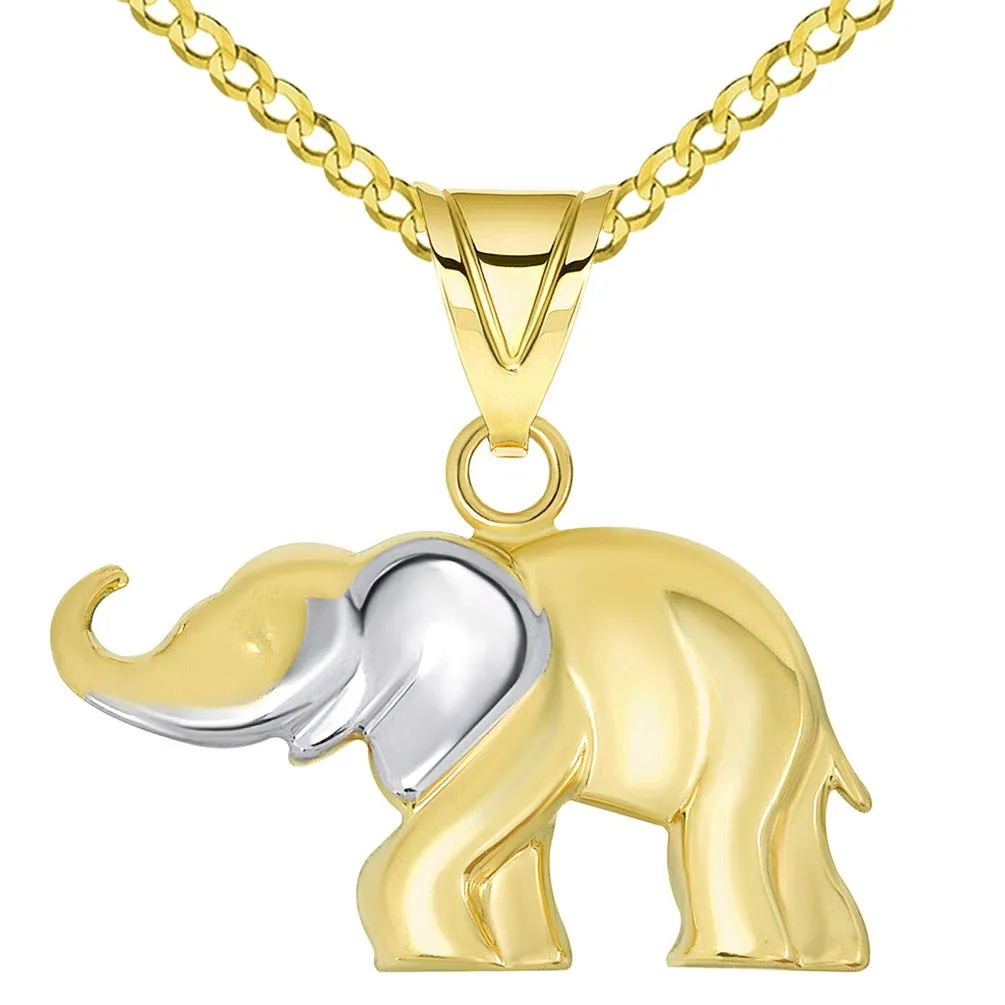 14k Gold High Polished Two Tone Elephant Pendant Necklace with Cable, Curb, or Figaro Chain - Yellow Gold