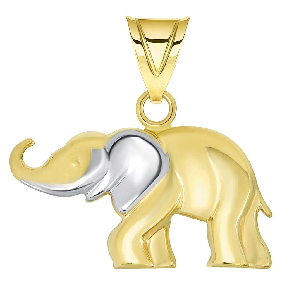 14k Gold High Polished Two Tone Elephant Pendant Necklace with Cable, Curb, or Figaro Chain - Yellow Gold