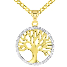 14k Gold Textured Round Two Tone Tree of Life Medal Pendant with Curb Chain Necklace - Yellow Gold