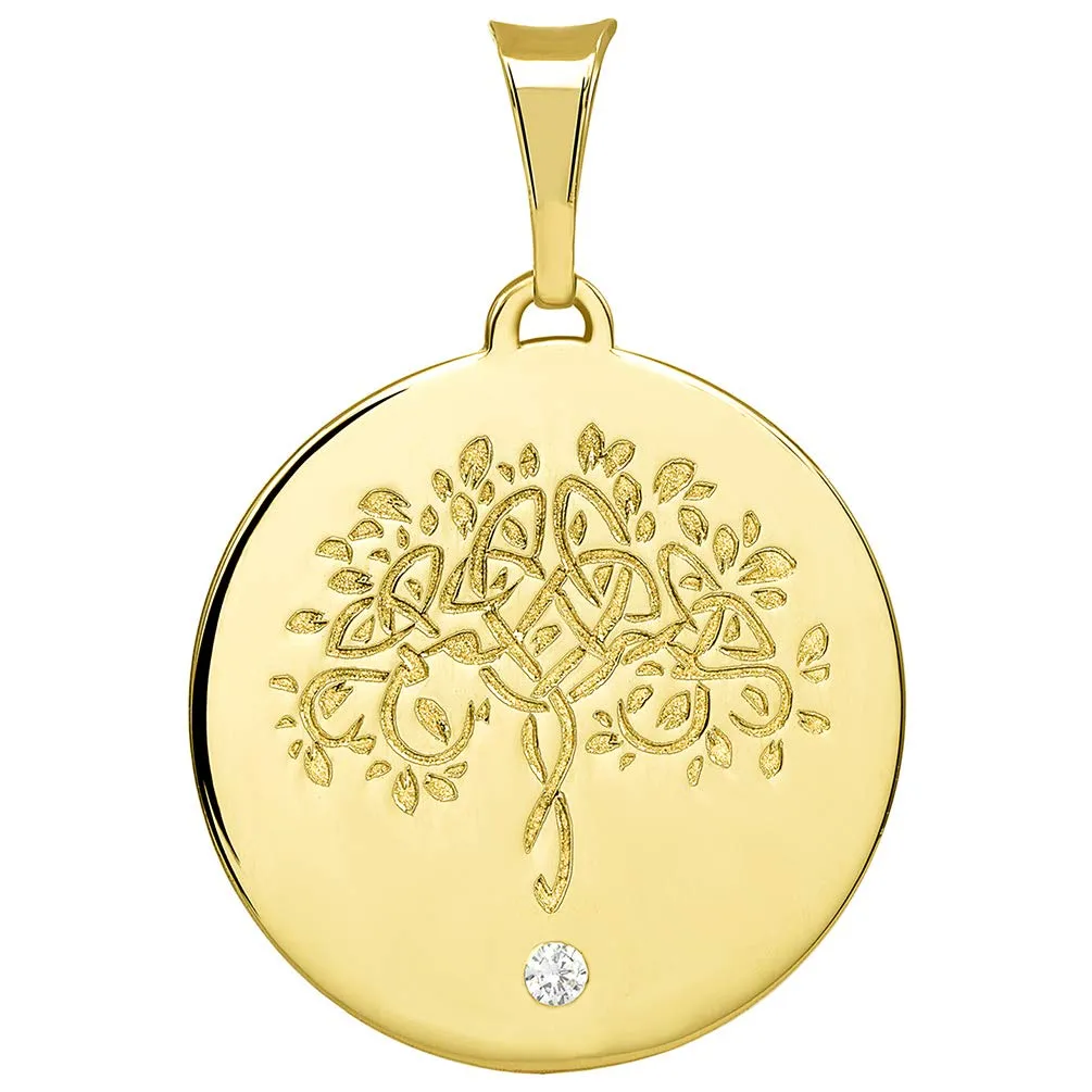 14k Solid Gold Hand Engraved Tree of Life CZ Round Medallion Pendant with Figaro Chain Necklace - Yellow Gold