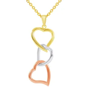 14k Tri-Color Gold Three Hearts Interlocking Dangling Down Pendant Necklace