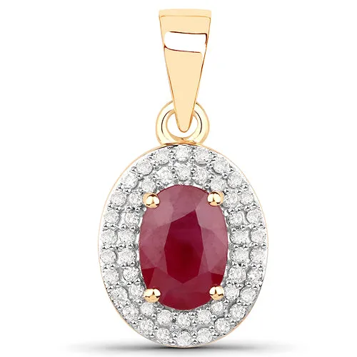 14K Yellow Gold Oval Ruby Double Halo Diamond Pendant