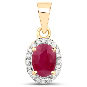 14K Yellow Gold Oval Ruby Halo Diamond Pendant