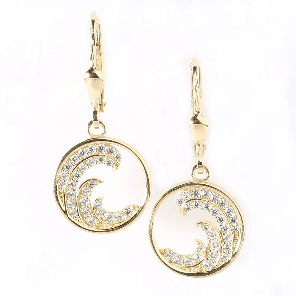 14K Yellow Gold Wave with CZ in Circle Lever Back Earrings