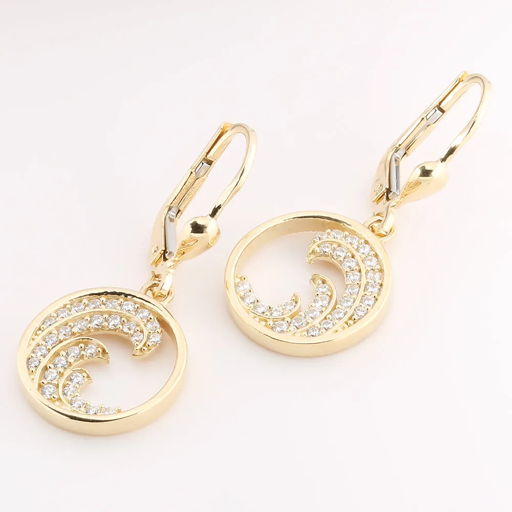 14K Yellow Gold Wave with CZ in Circle Lever Back Earrings