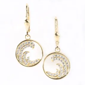 14K Yellow Gold Wave with CZ in Circle Lever Back Earrings