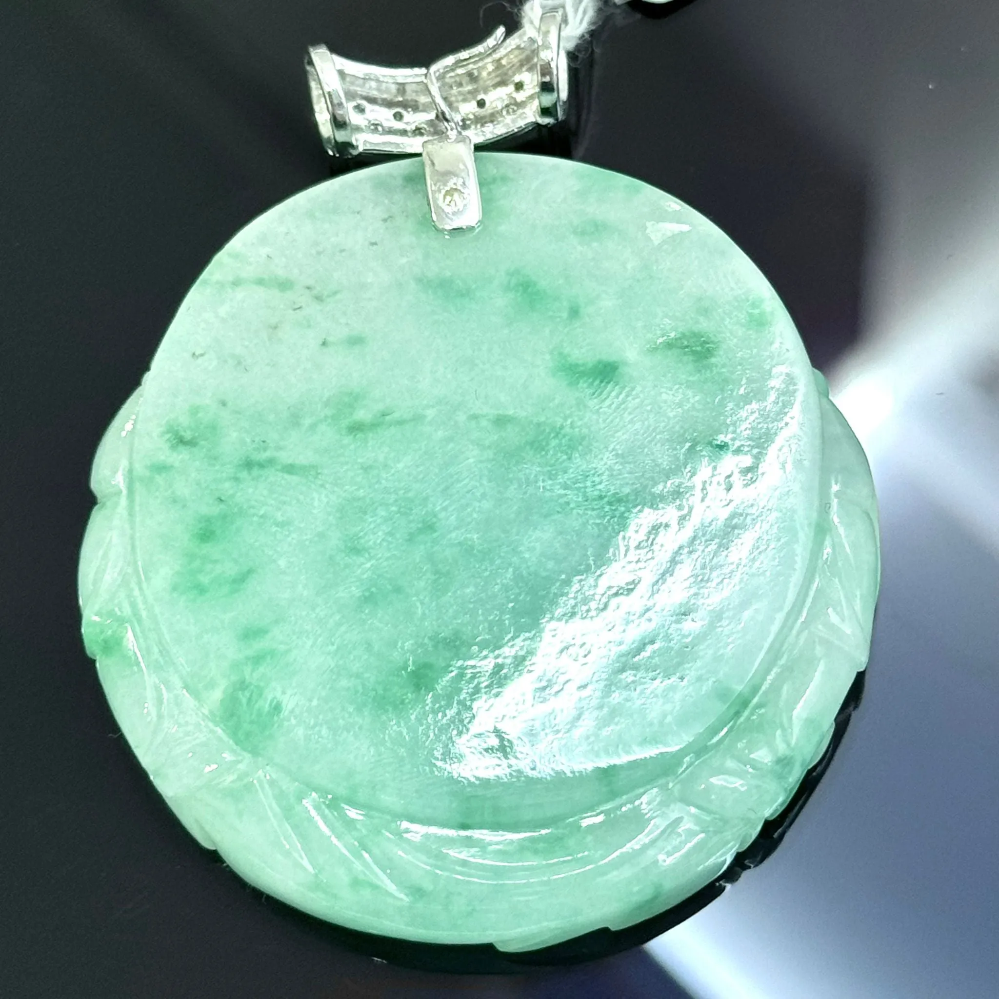 18KWG Grade "A" Jade with 14 Diamonds Pendant