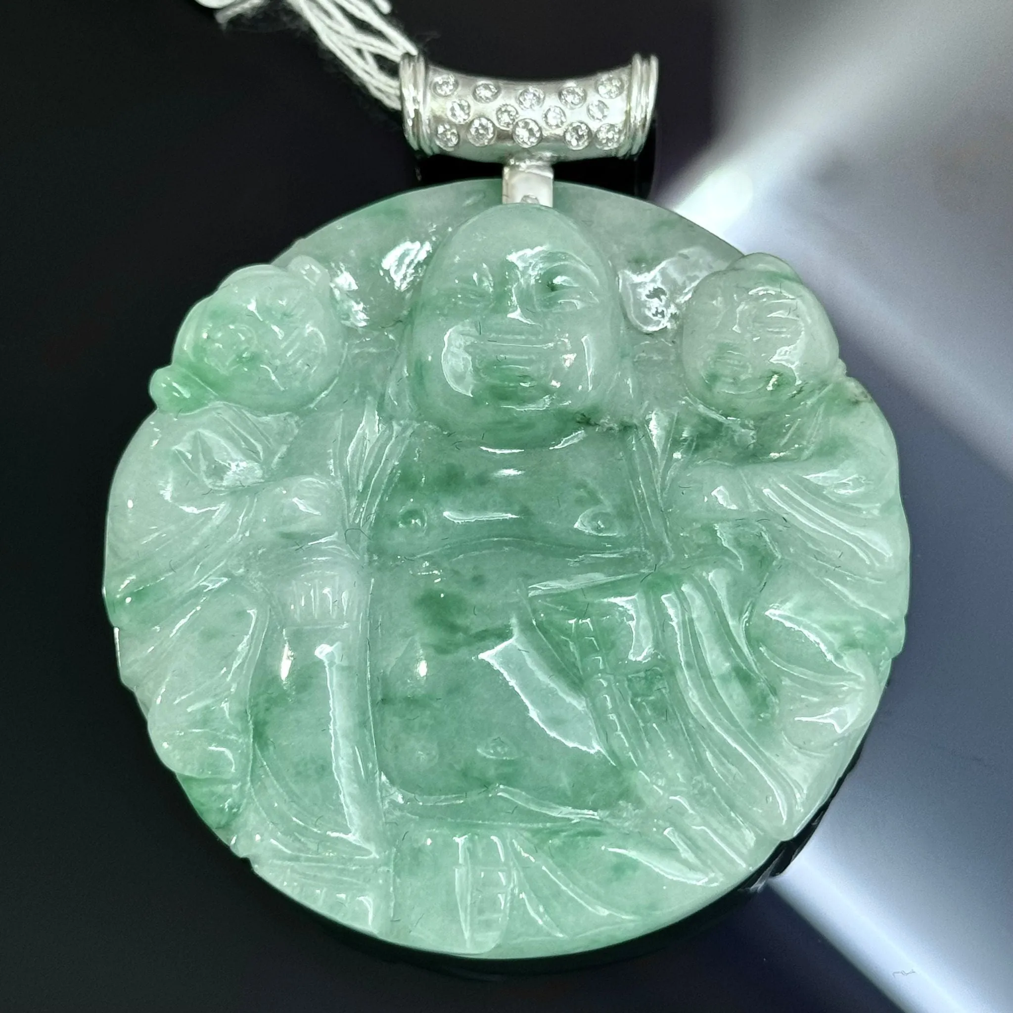 18KWG Grade "A" Jade with 14 Diamonds Pendant