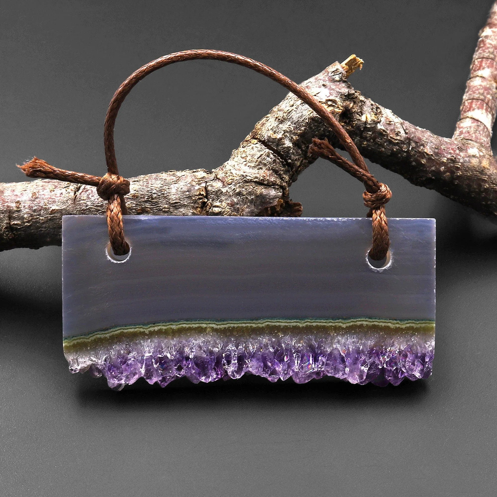 2 Hole Pendant Green Ocean Wave Natural Purple Amethyst Crystal Stalactite Pendant Drilled Long Rectangle Gemstone Focal Bead