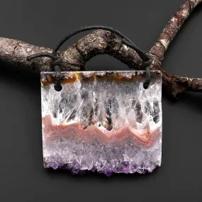 2 Hole Pendant Natural Peach Pink Purple Amethyst Stalactite Druzy Pendant Drilled Flat Slice Long Rectangle A2