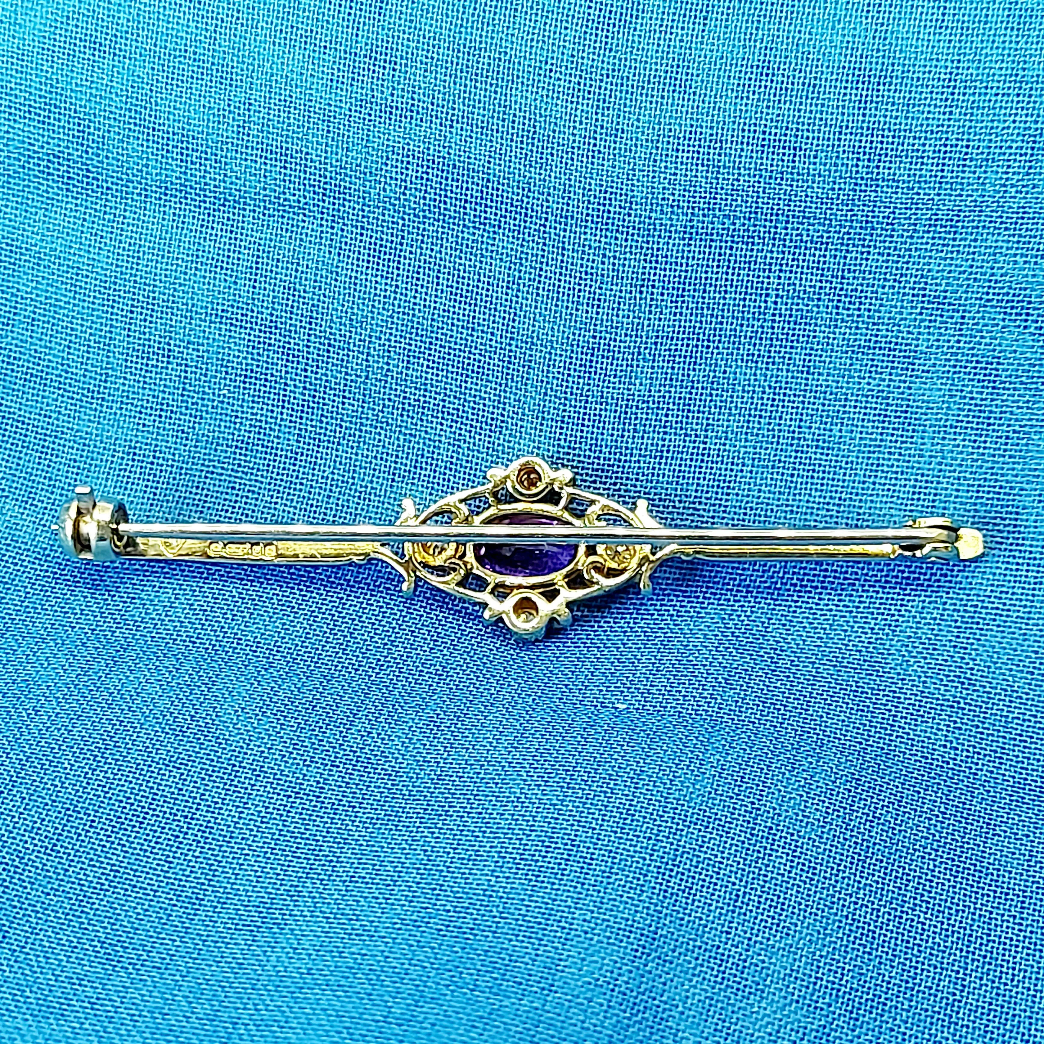 9ct Gold, Amethyst & Diamond Bar Brooch