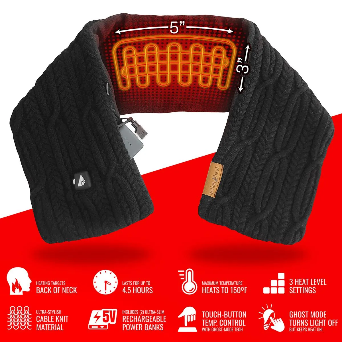 ActionHeat 5V Battery Heated Cable Knit Wrap Scarf