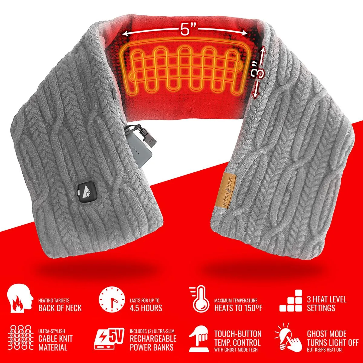 ActionHeat 5V Battery Heated Cable Knit Wrap Scarf