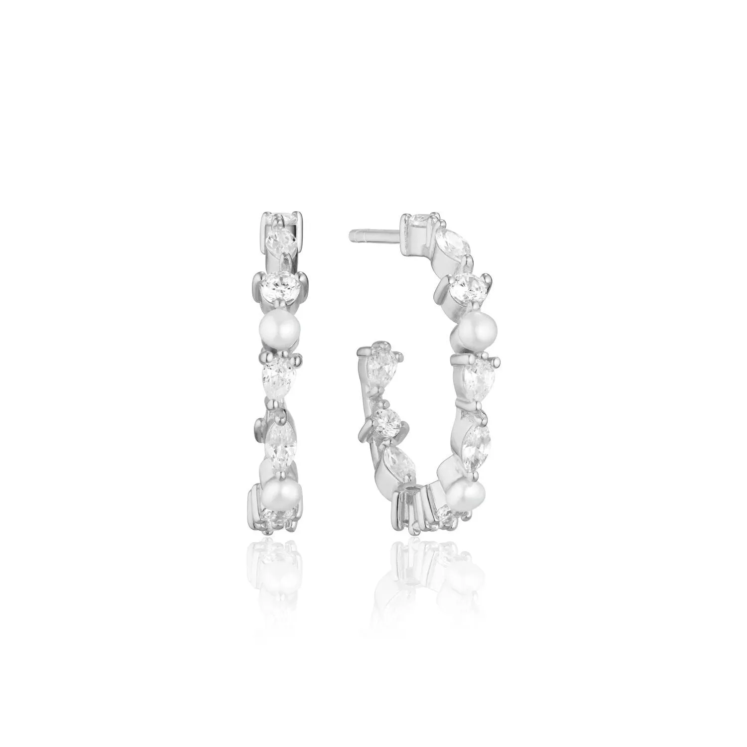 Adria Creolo Medio Silver Hoops w. White Zirconias & Pearls