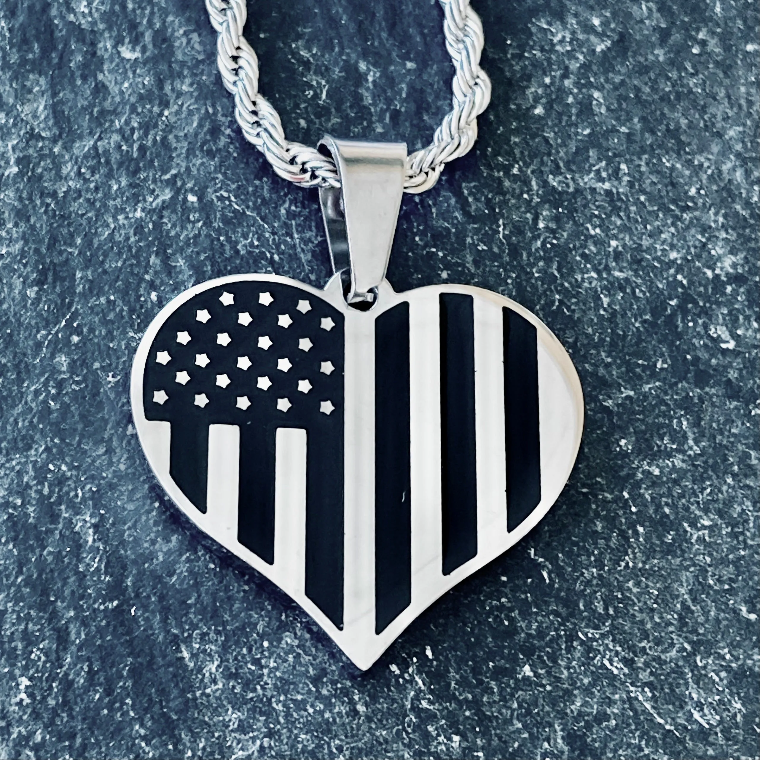 American Flag Heart Black & Silver Pendant - Rope Necklace - SLC777 CLEARANCE