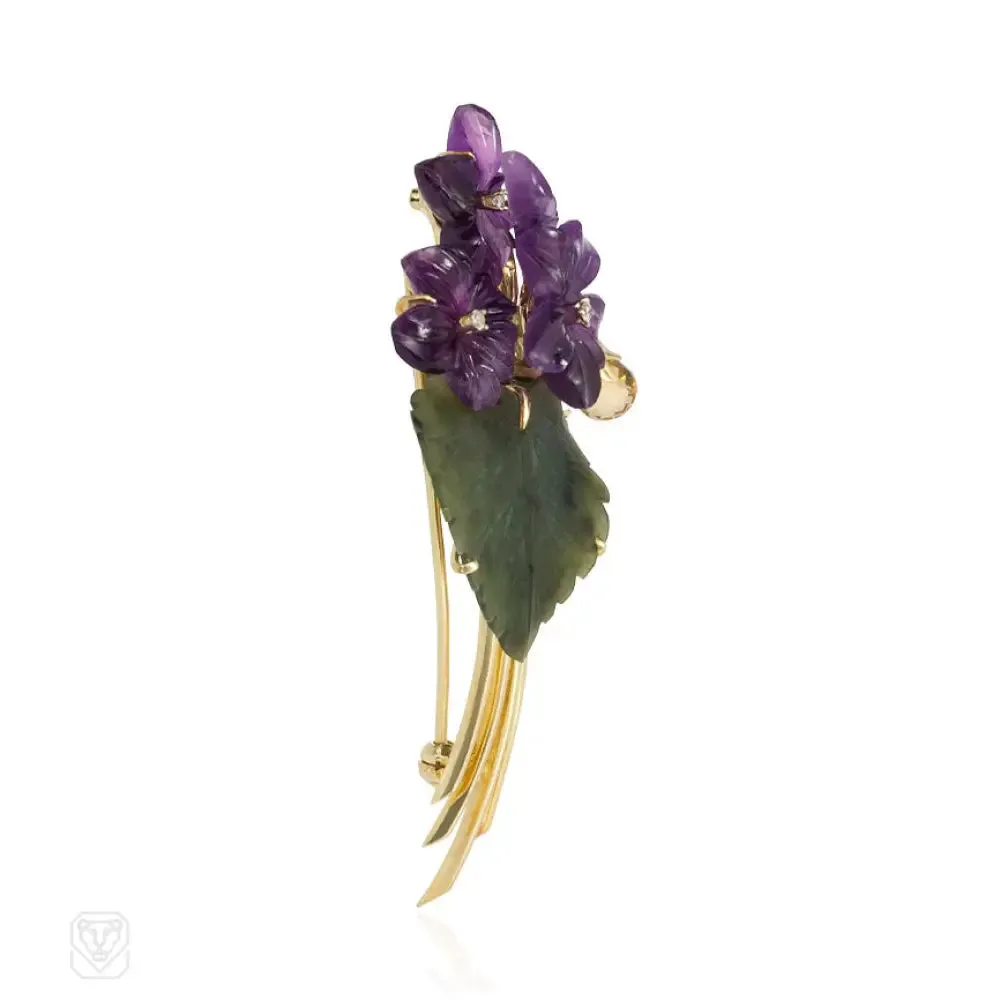 Amethyst and nephrite flower bouquet brooch