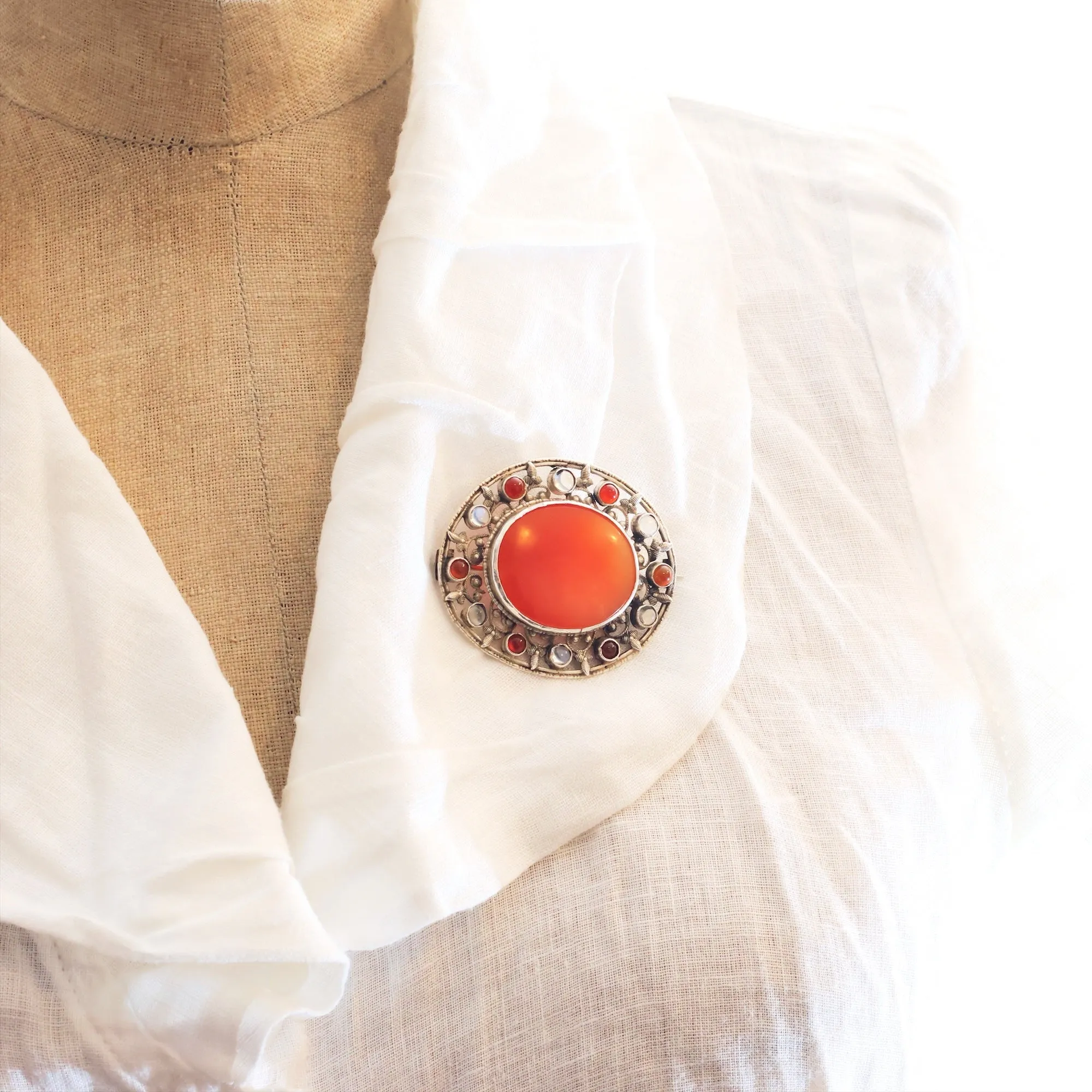 Antique Arts & Crafts Moonstone Carnelian Brooch