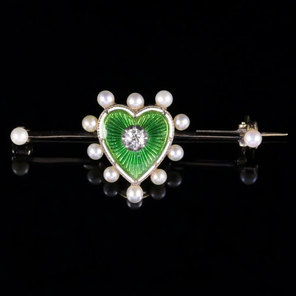 Antique Edwardian Heart Brooch Enamel Pearl Diamond Gold Circa 1915