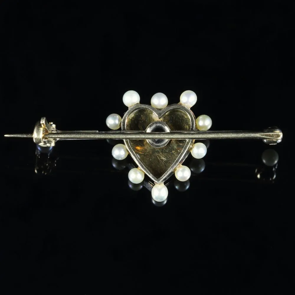 Antique Edwardian Heart Brooch Enamel Pearl Diamond Gold Circa 1915