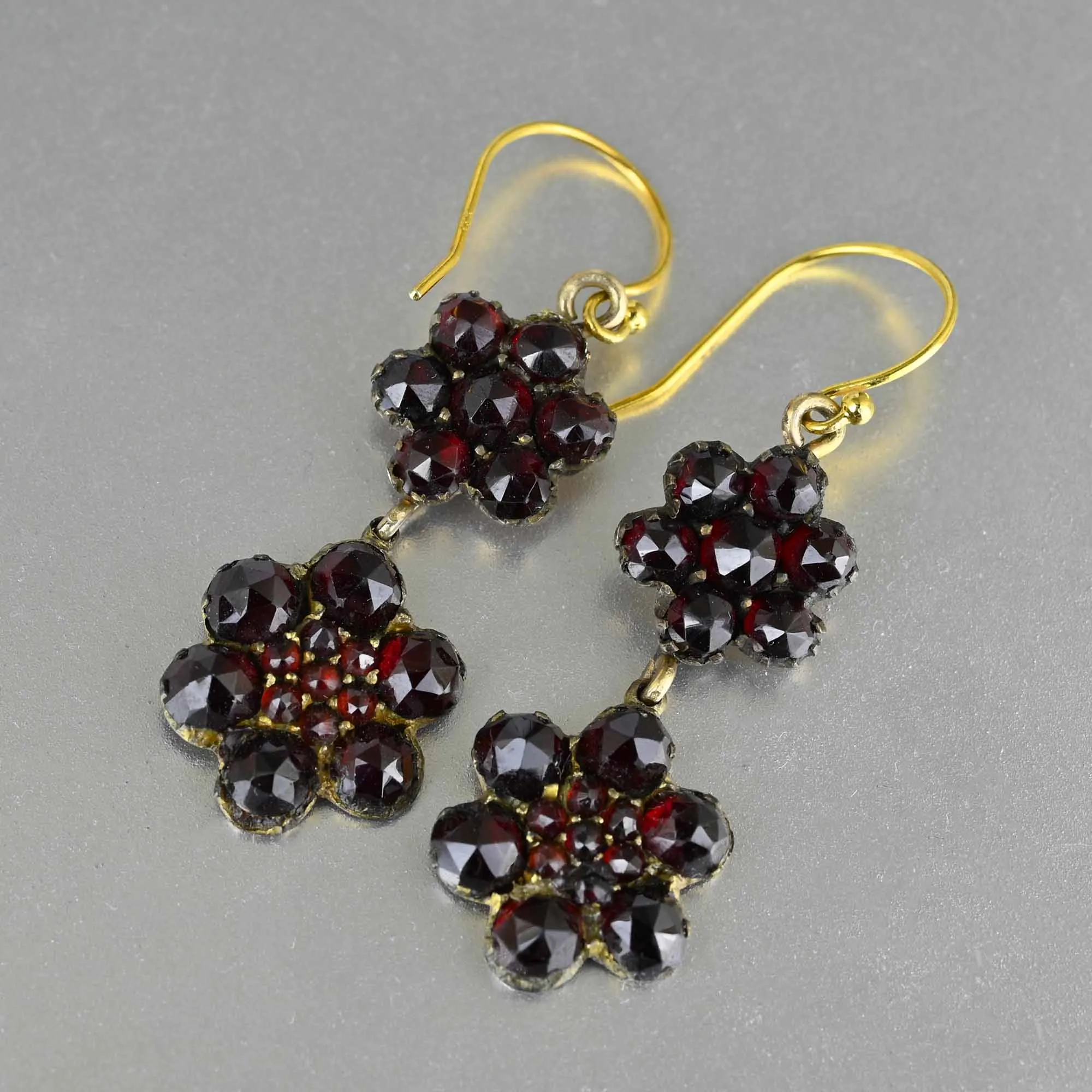 Vintage-Style Bohemian Garnet Cluster Earrings with Antique Floral Design