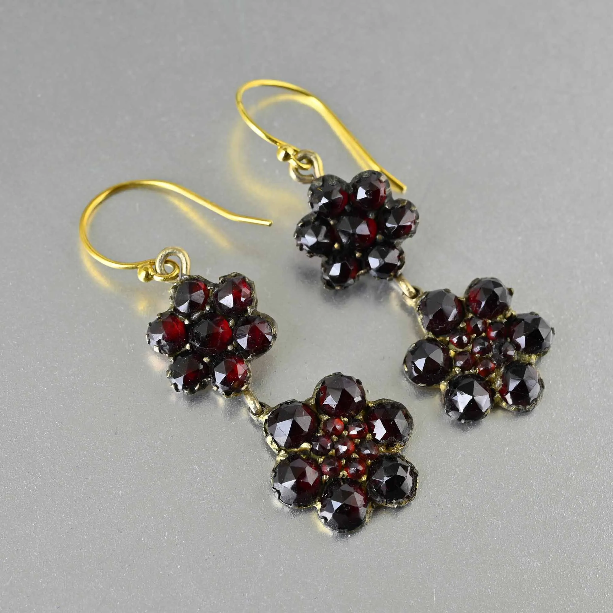 Vintage-Style Bohemian Garnet Cluster Earrings with Antique Floral Design