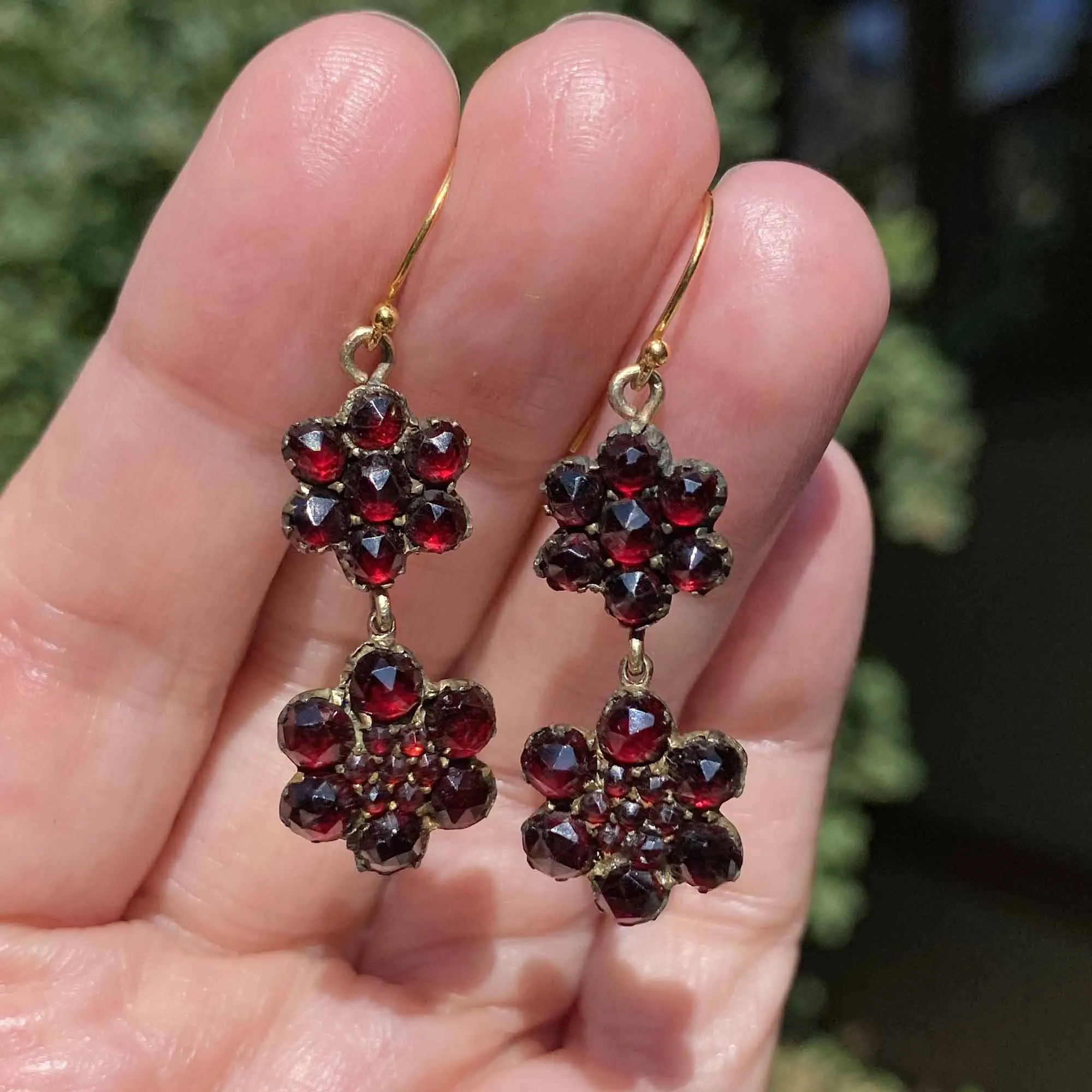 Vintage-Style Bohemian Garnet Cluster Earrings with Antique Floral Design