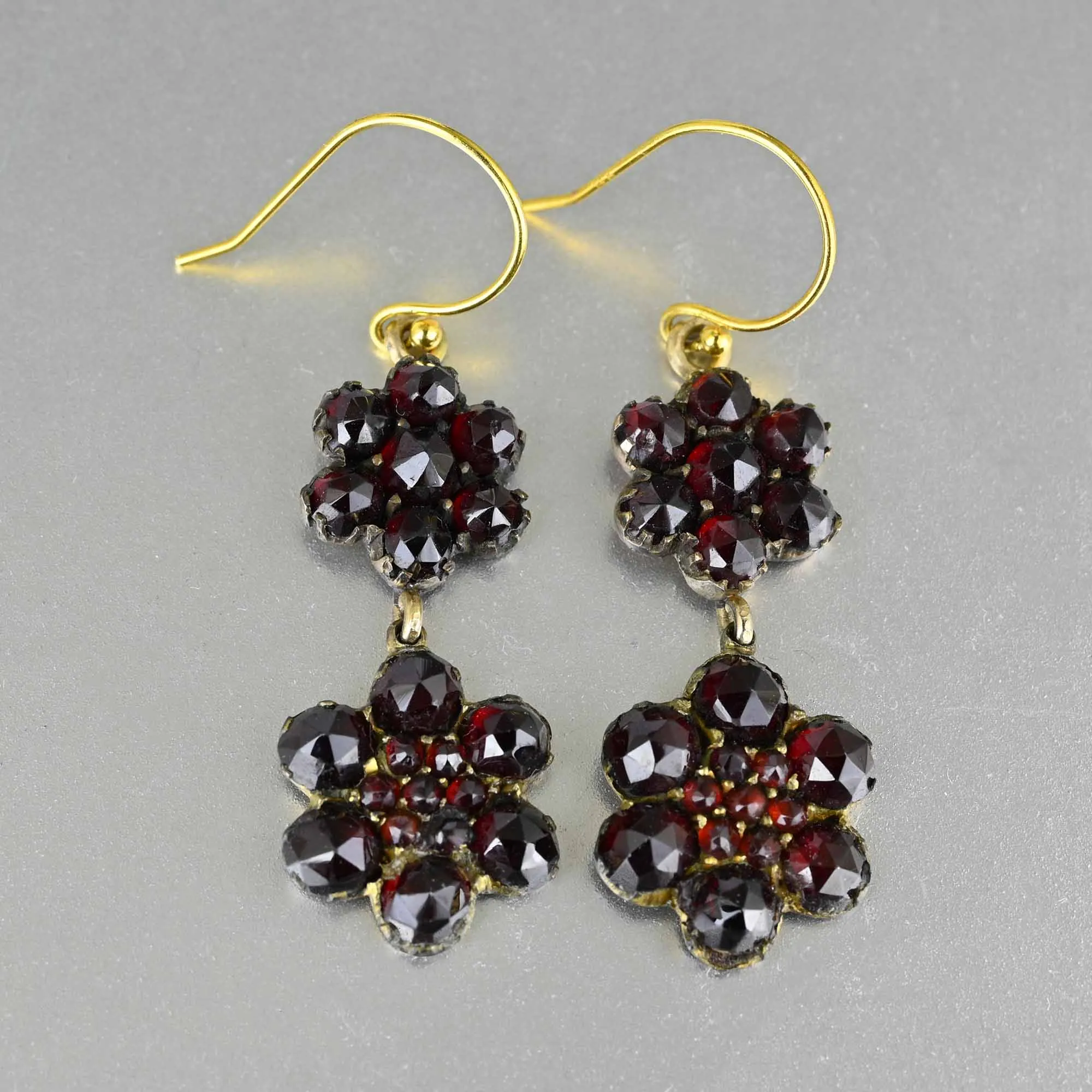 Vintage-Style Bohemian Garnet Cluster Earrings with Antique Floral Design