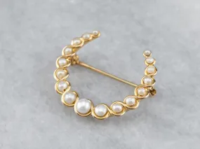 Antique Gold Pearl Crescent Moon Brooch