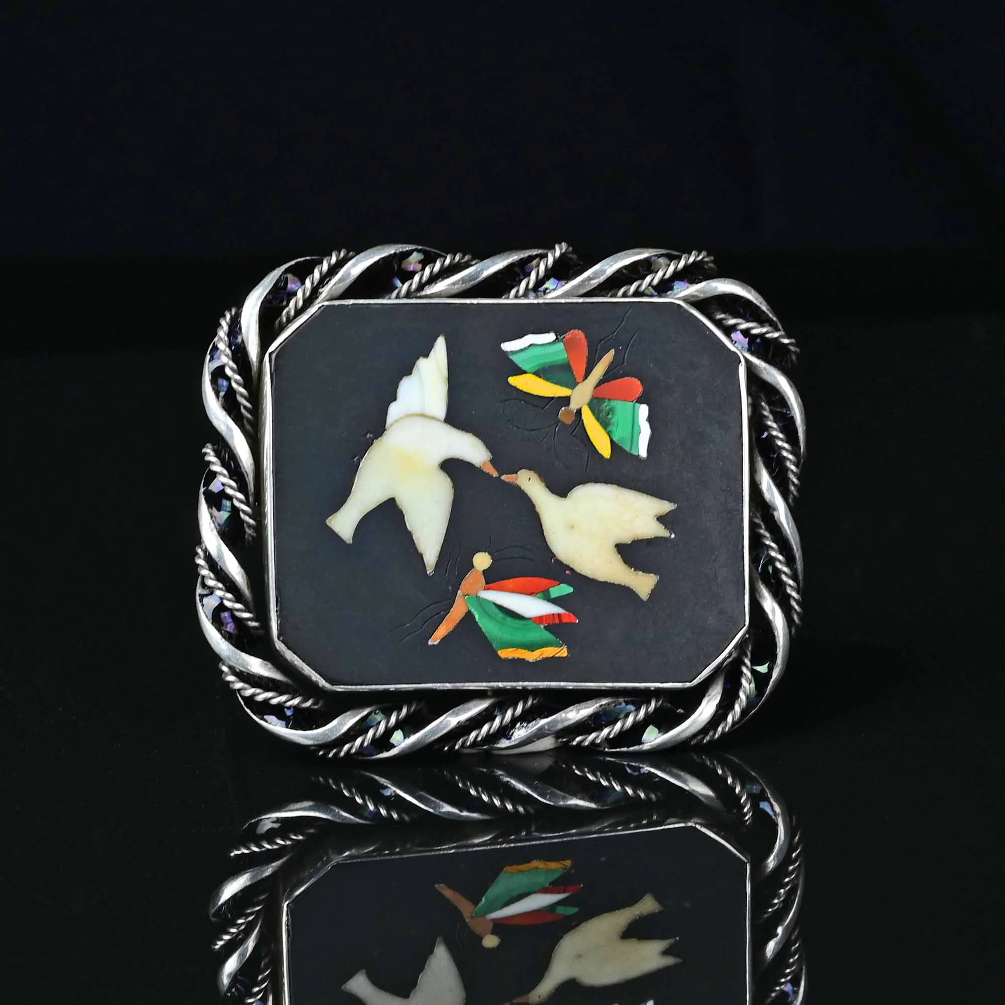 Antique Pietra Dura Brooch Doves and Butterfly