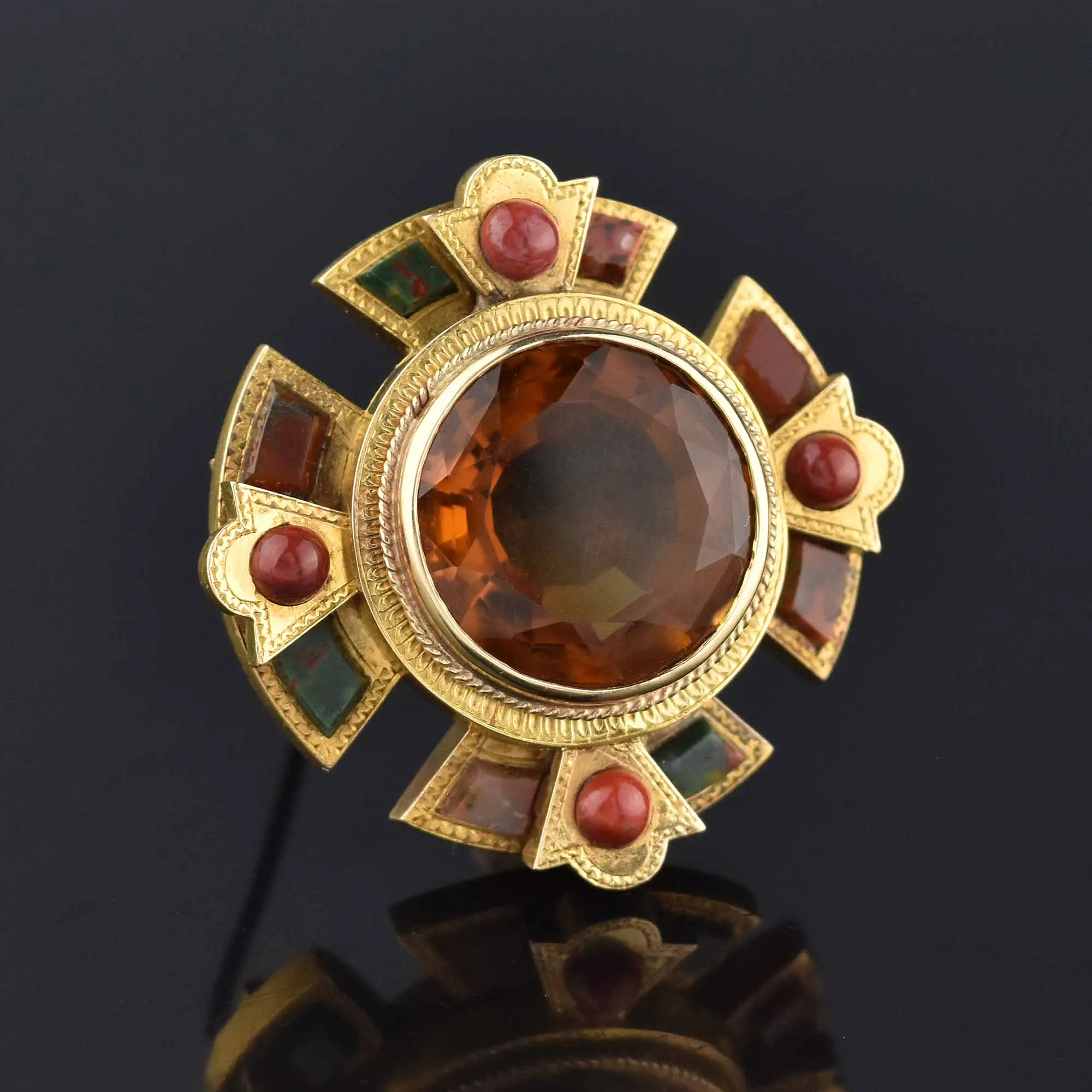 Antique Scottish Agate 20 CTW Citrine Brooch 14K Gold