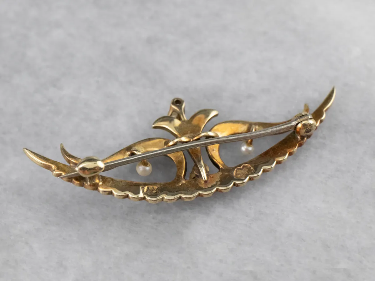 Antique Seed Pearl Crescent Moon Wings Pin