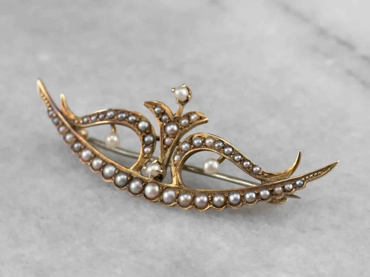 Antique Seed Pearl Crescent Moon Wings Pin