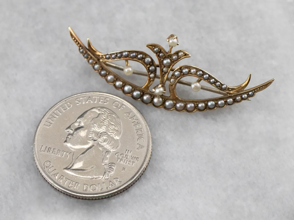 Antique Seed Pearl Crescent Moon Wings Pin