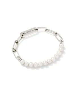 Ashton Rhodium Half Chain Bracelet in White Pearl