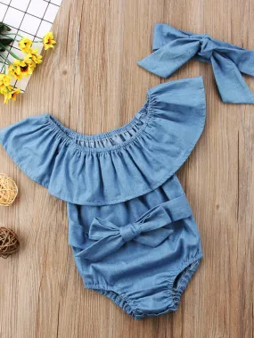 Baby Big Bow Denim Onesie with Headband Set