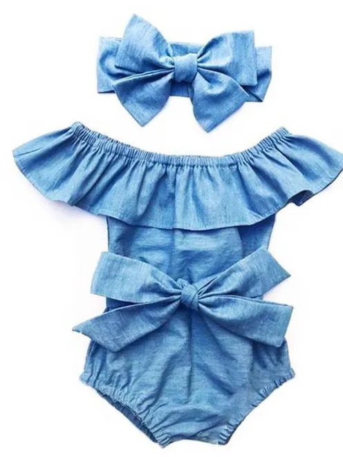 Baby Big Bow Denim Onesie with Headband Set