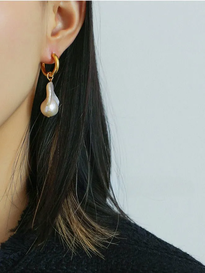 Baroque Pearl Drop Hoop Earrings