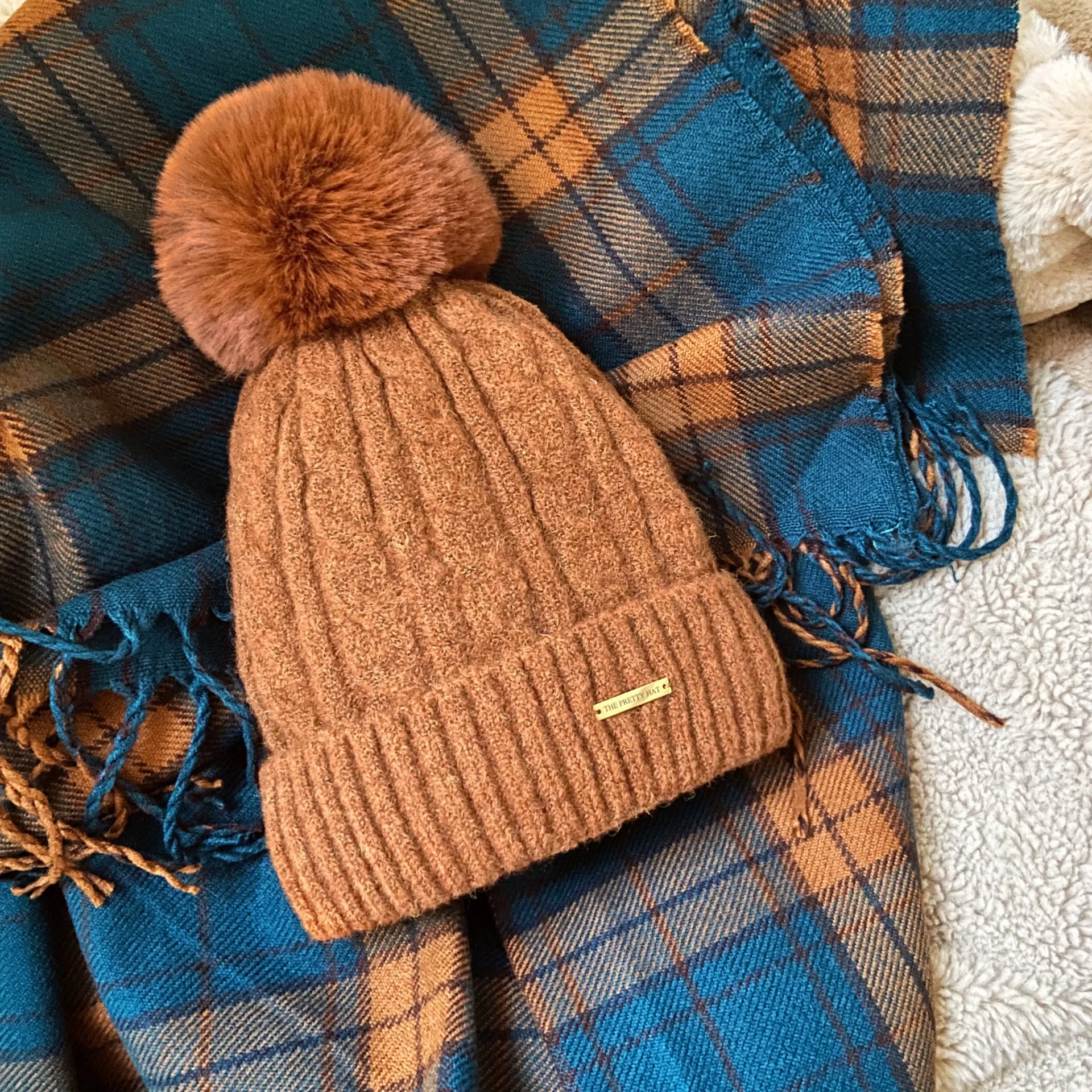 Beanie & Scarf Set - Rust & Teal Plaid