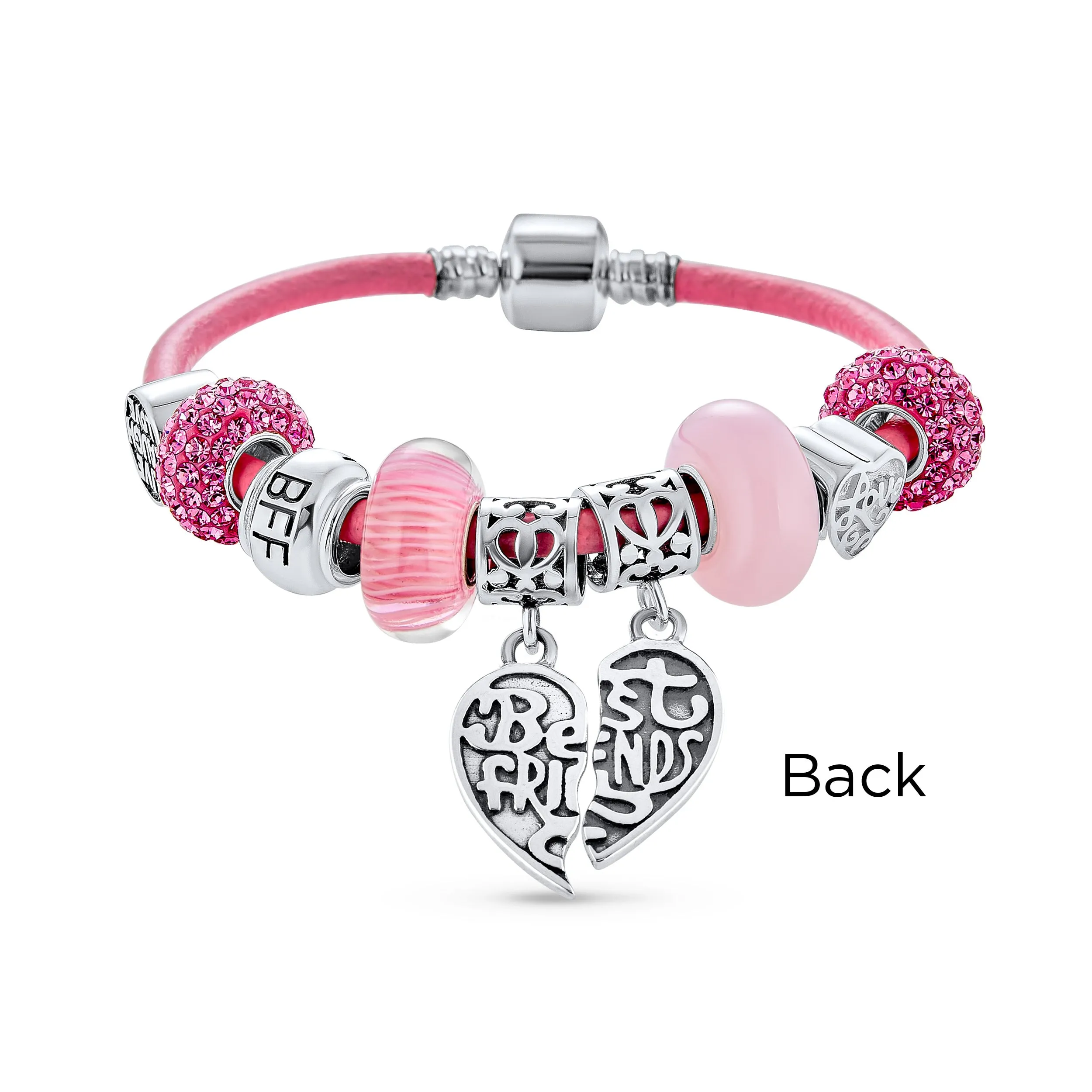 BFF Sister Split Heart Butterfly Leather Charm Bracelet SterlingSilver