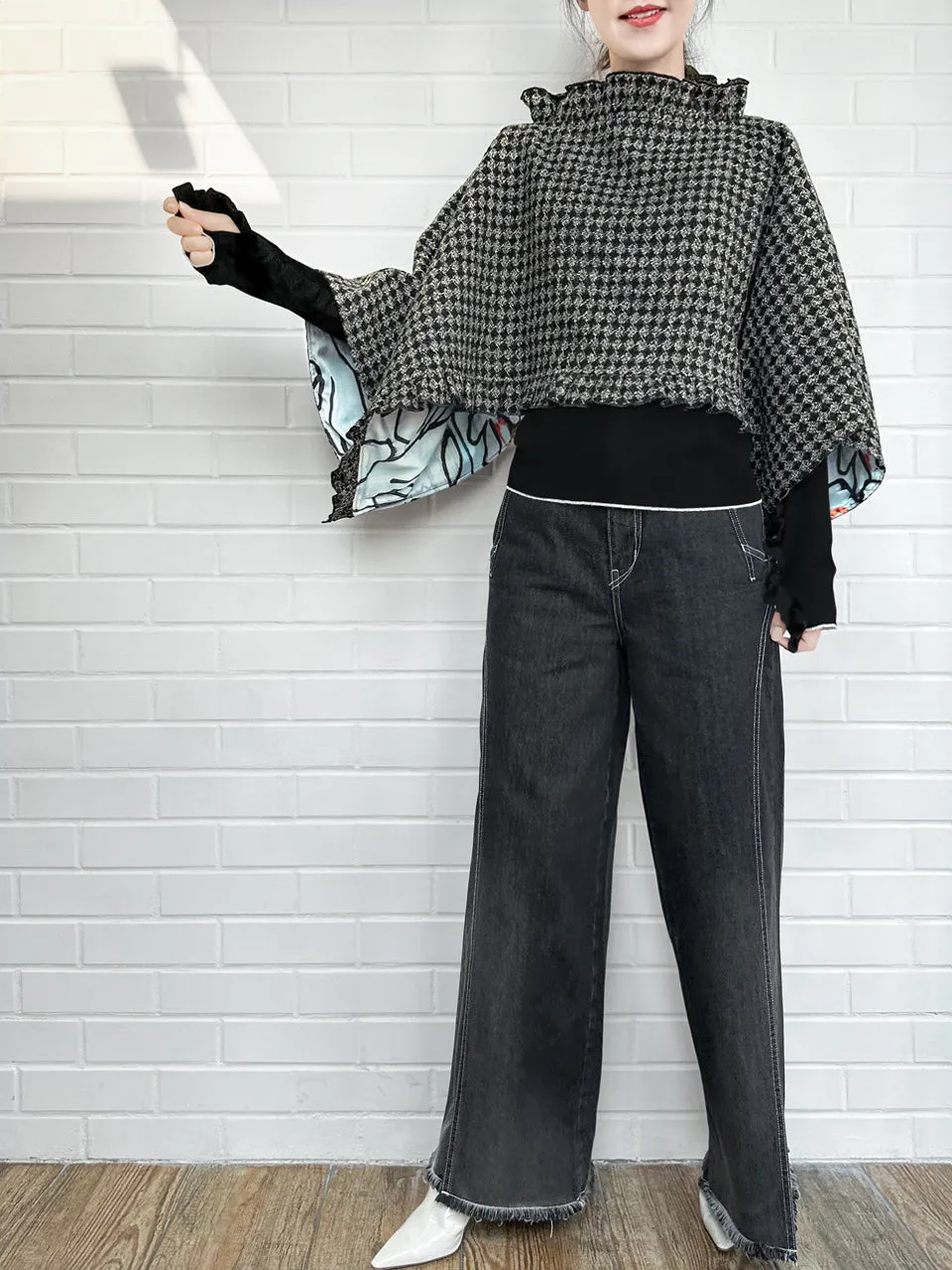 Black Lurex Check Three Way Ruffled Cape Cardi - Crop Top