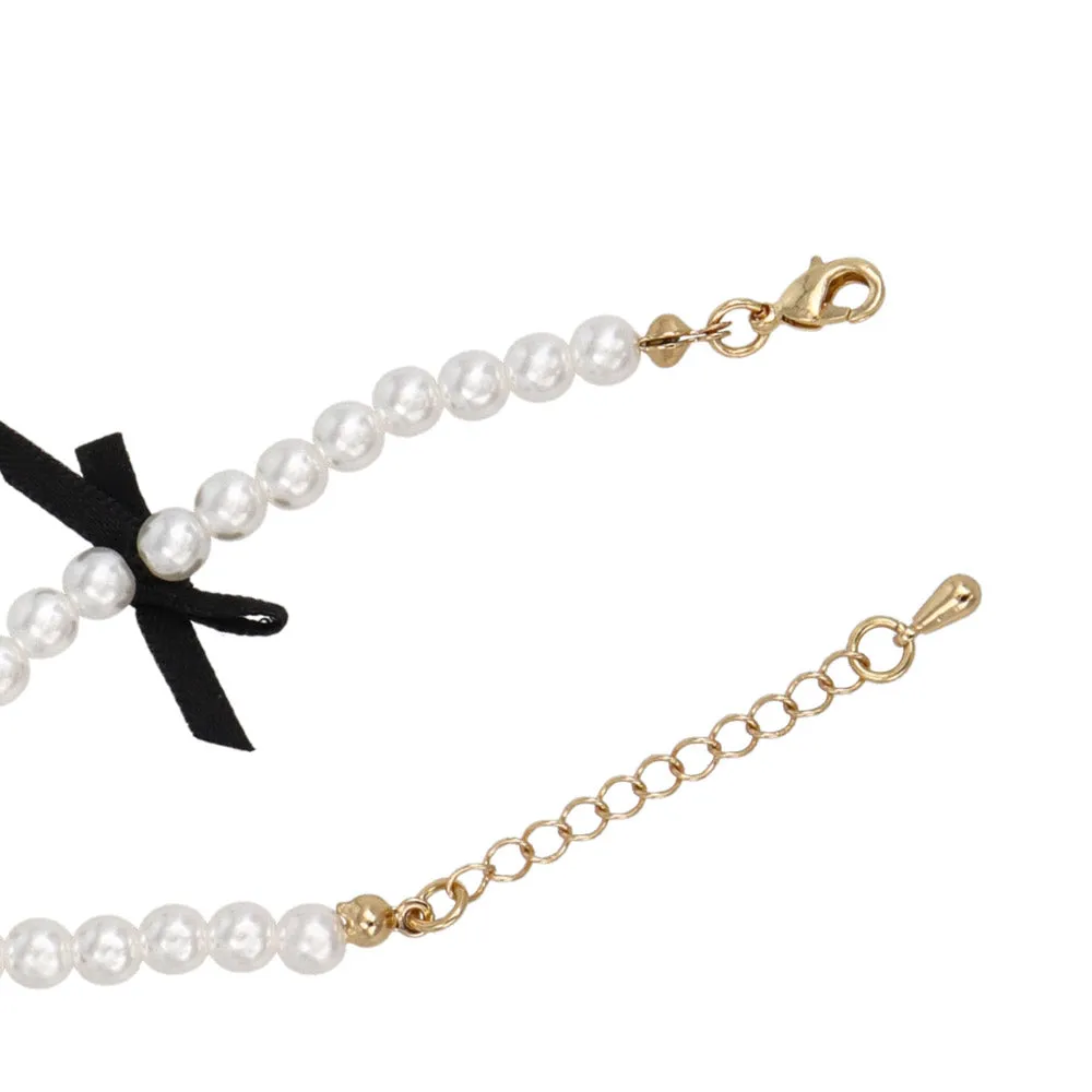 Black Triple Bow Pearl Chain Bracelet