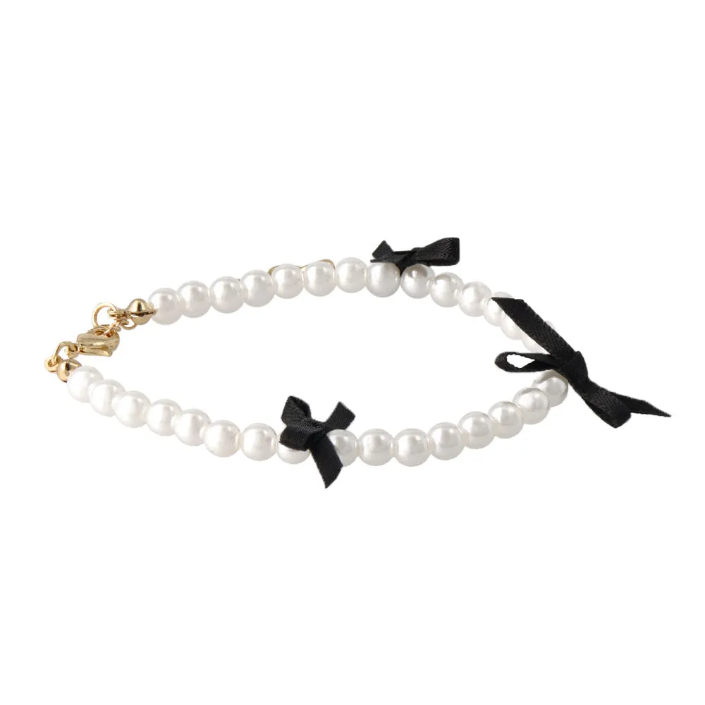 Black Triple Bow Pearl Chain Bracelet