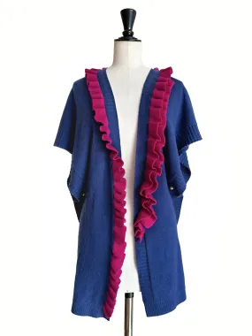 Blue/ Fuchsia Asymmetric Ruffles Luxuries Wool Ruana - Scarf