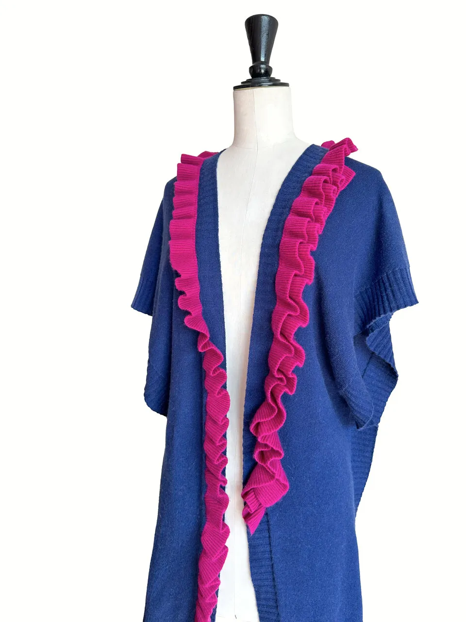 Blue/ Fuchsia Asymmetric Ruffles Luxuries Wool Ruana - Scarf