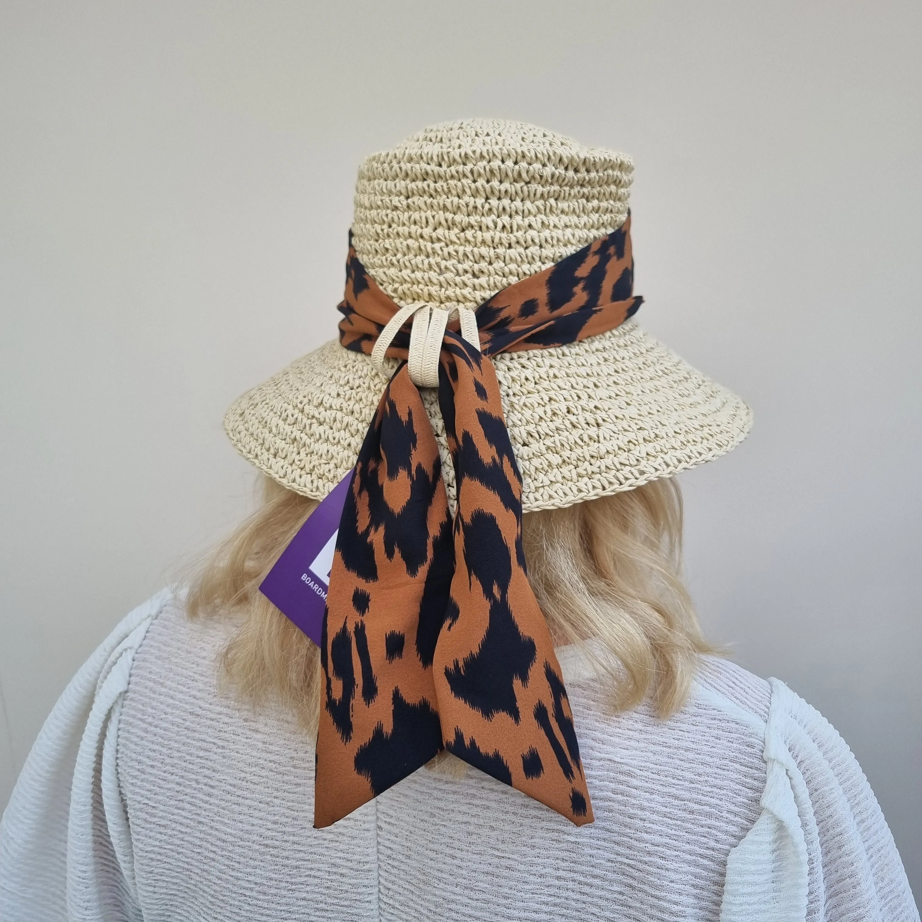 Boardmans Crochet Sun Hat with Leopard Ribbon Wide Band