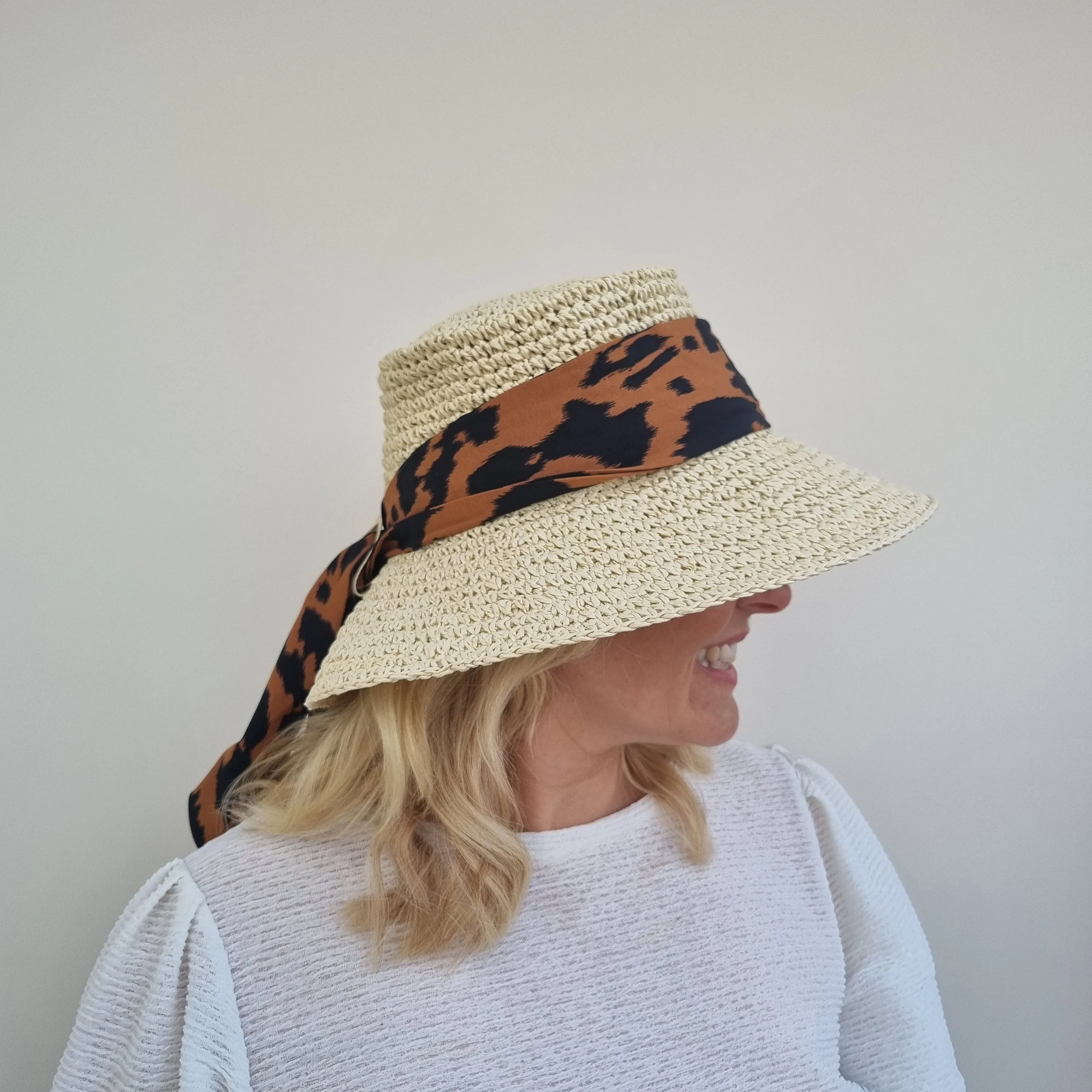 Boardmans Crochet Sun Hat with Leopard Ribbon Wide Band