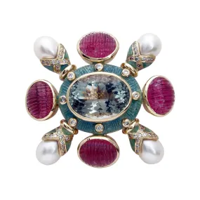 Brooch-Green Quartz, Rubellite, Pearl and Diamond (Enamel)