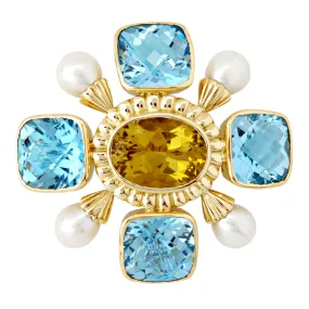 Brooch-Lemon Quartz, Blue Topaz and Pearl