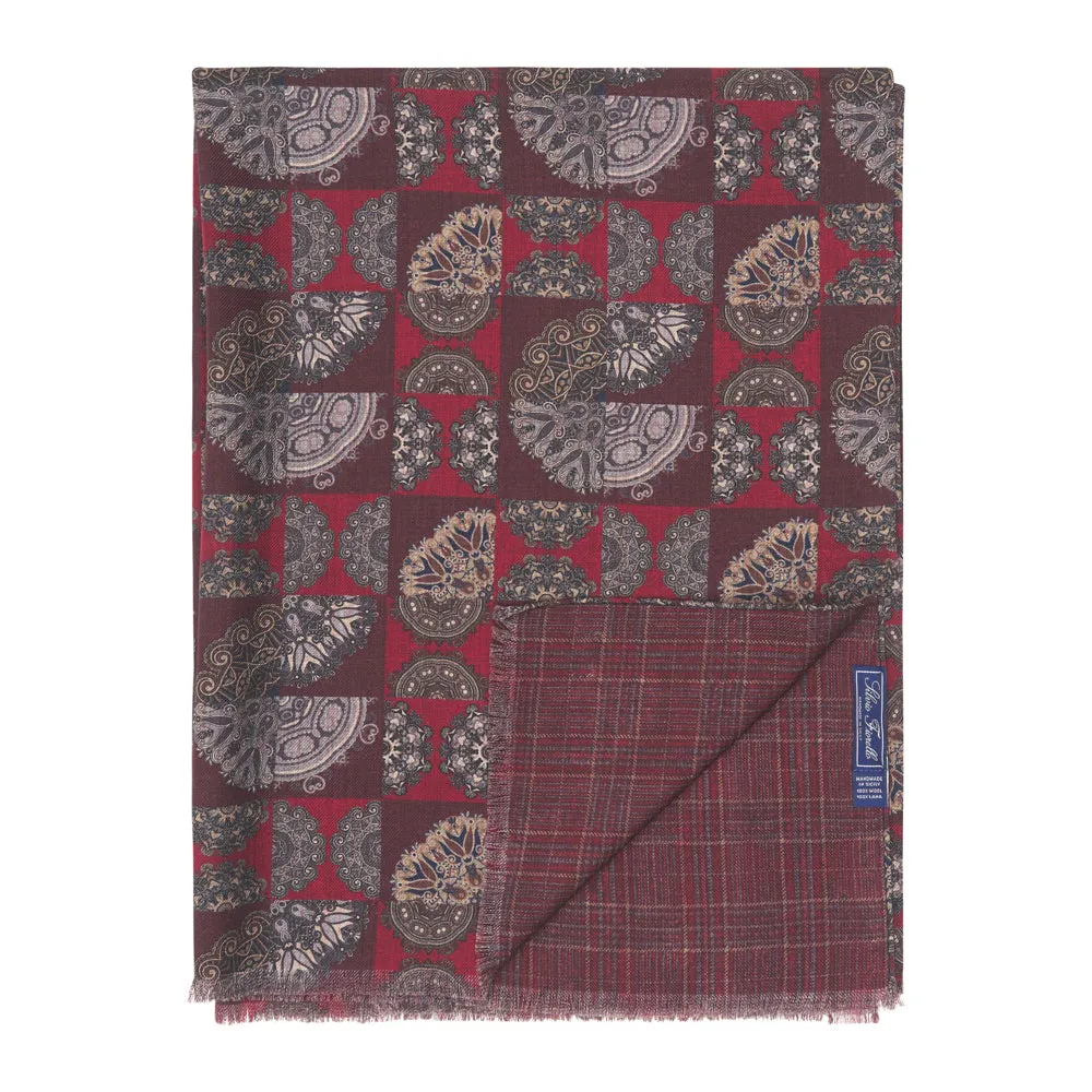 Burgundy Medallion Patchwork and Madras Pattern Wool Scarf