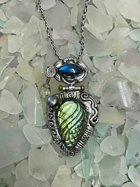 Carved Labradorite Pendant with Moonstone & Clear Quartz